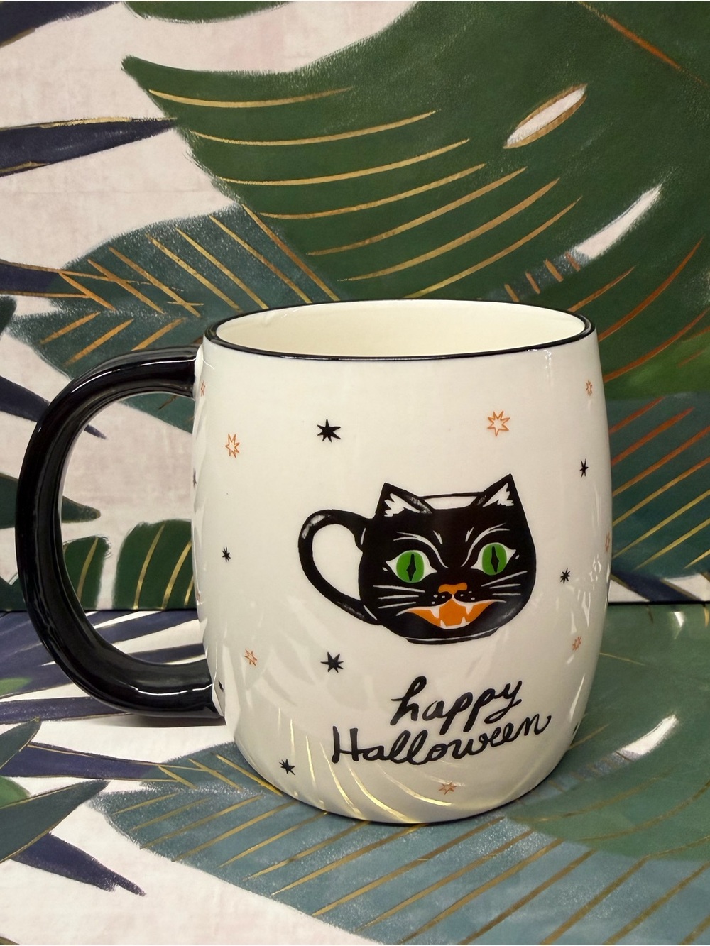 Anthropologie Happy Halloween Black Cat Ghost Mug Ceramic NIB